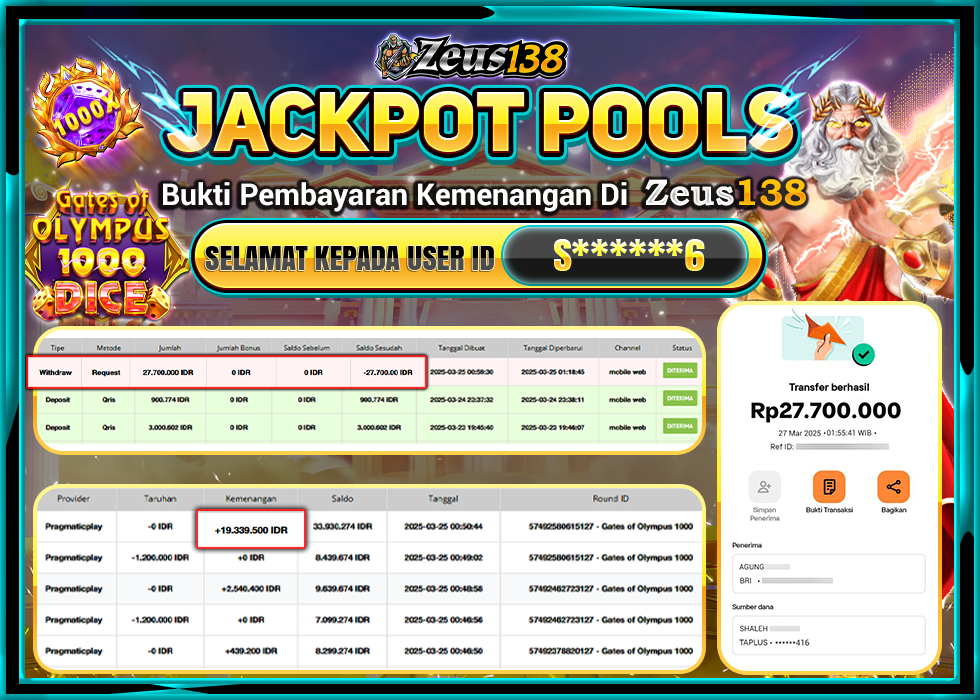 ZEUS138 JACKPOT GATES OF OLYMPUS 1000 DICE Rp.27.700.000,- LUNAS